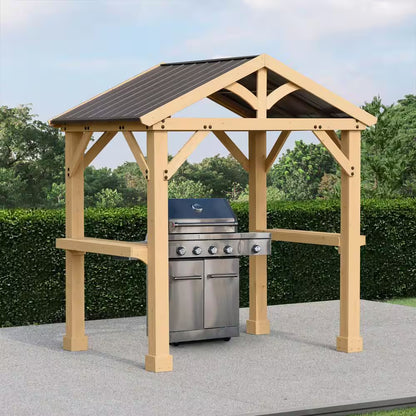 DIY Meridian 8 Ft. X 5 Ft. Cedar Wood Outdoor Covered Grilling Gazebo with Hardtop Metal Roof and 2-Counter Shelves