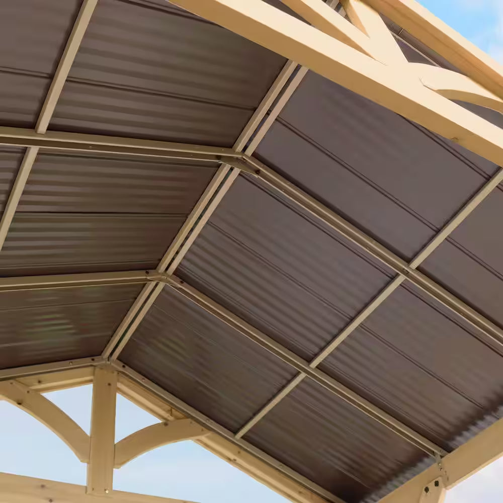 DIY Meridian 8 Ft. X 5 Ft. Cedar Wood Outdoor Covered Grilling Gazebo with Hardtop Metal Roof and 2-Counter Shelves