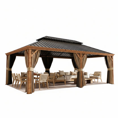 14 Ft. X 22 Ft. Double Galvanized Steel Roof Aluminum Wood-Looking Frame Outdoor Patio Hardtop Gazeb