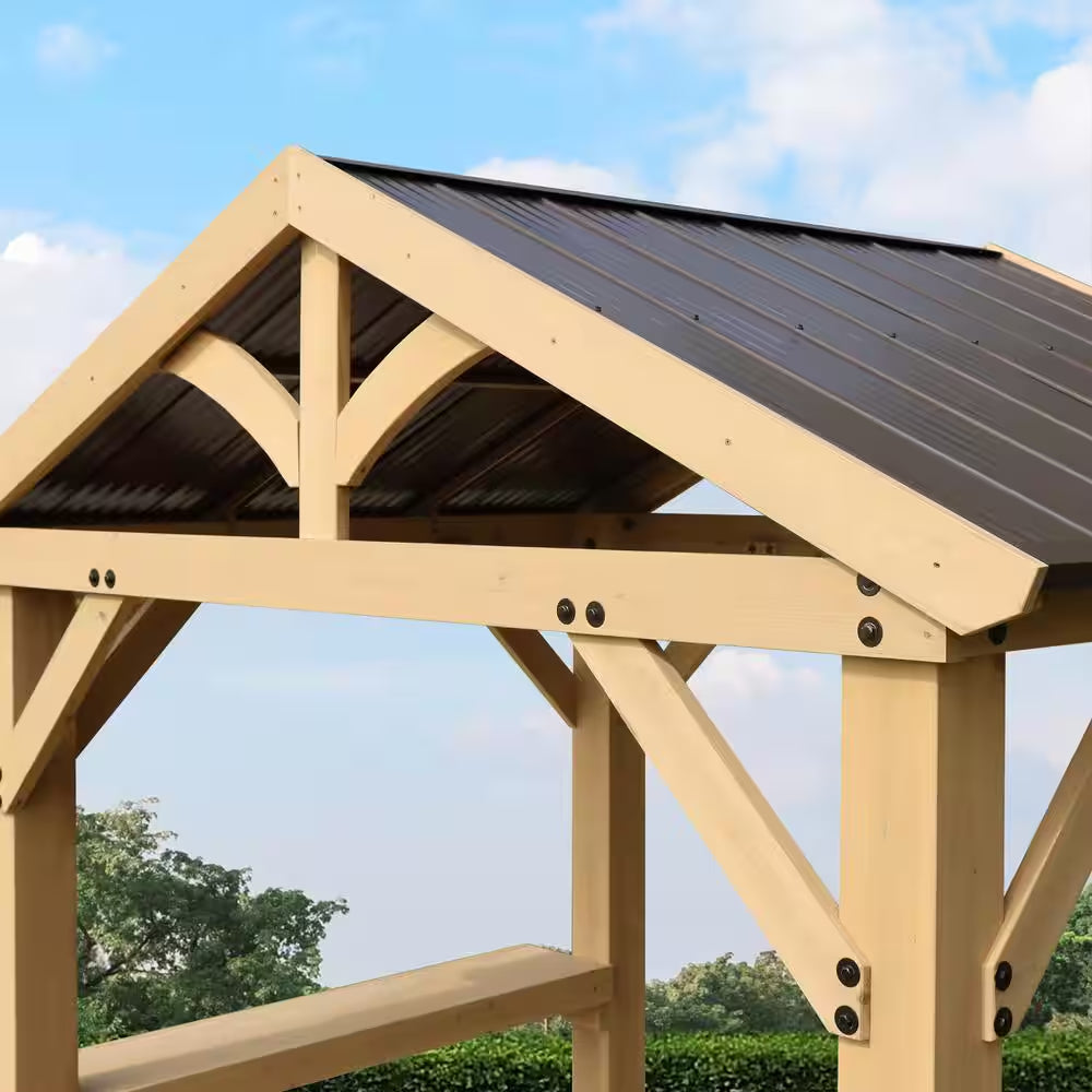 DIY Meridian 8 Ft. X 5 Ft. Cedar Wood Outdoor Covered Grilling Gazebo with Hardtop Metal Roof and 2-Counter Shelves