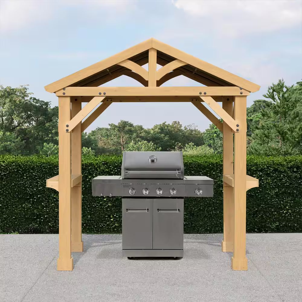 DIY Meridian 8 Ft. X 5 Ft. Cedar Wood Outdoor Covered Grilling Gazebo with Hardtop Metal Roof and 2-Counter Shelves