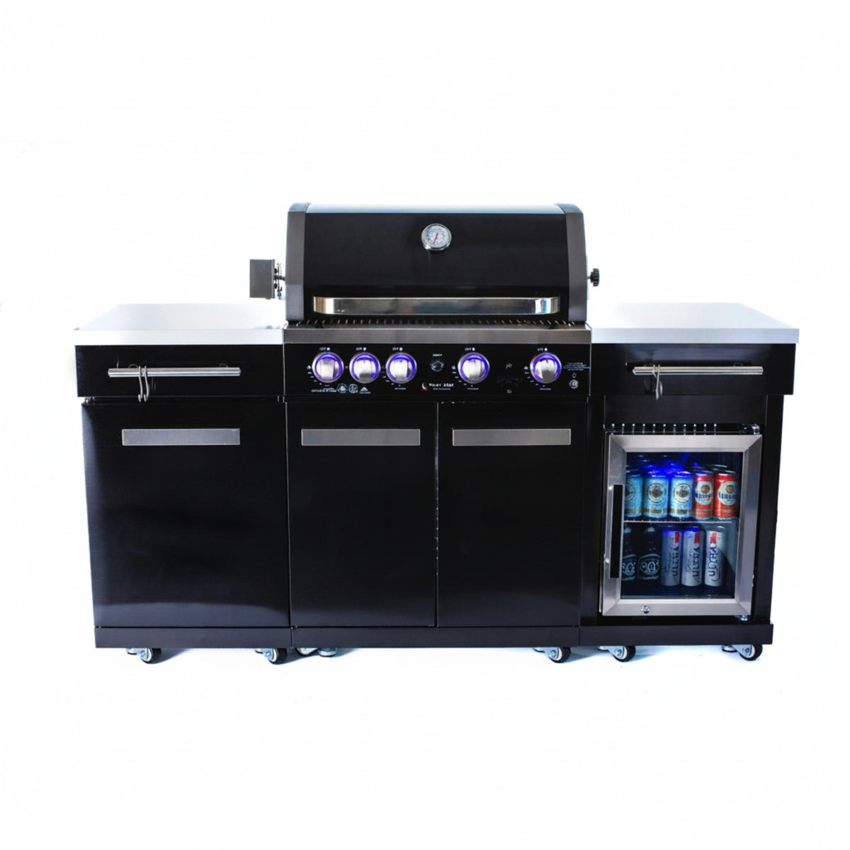 Premium 70" Black Stainless Steel Outdoor Kitchen Island with Refrigerator + 32"W 4-Burner BBQ Grill with Rear Burner